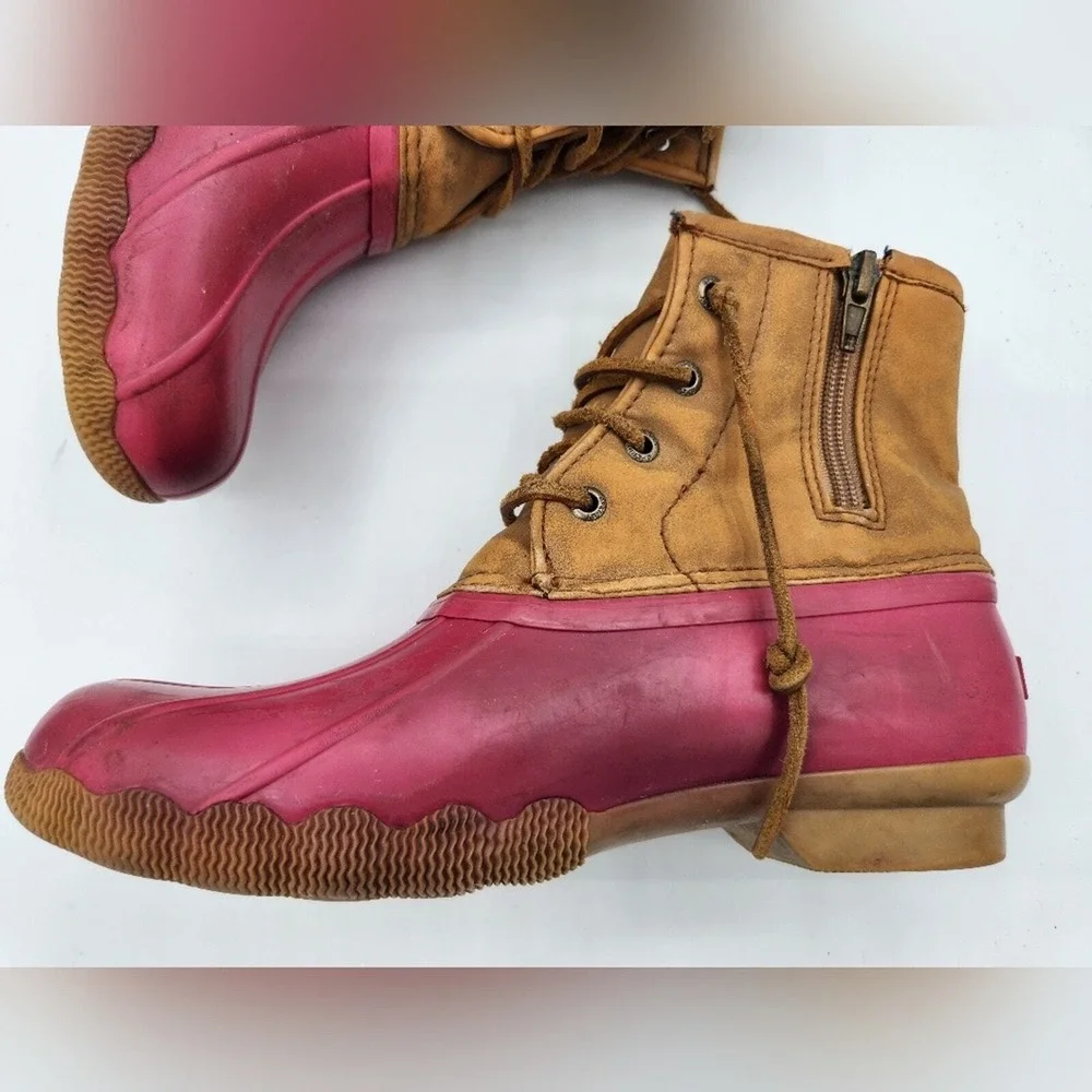 Sperry Top-Sider Duck Boots Pink Tan Lace Up Ankle Boots Rubber Sole Shoes‎